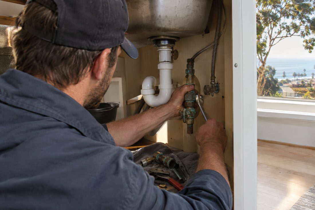 A plumber replacing a corroded shutoff valve under a sink at a coastal Encinitas home with eucalyptus trees in Encinitas, CA