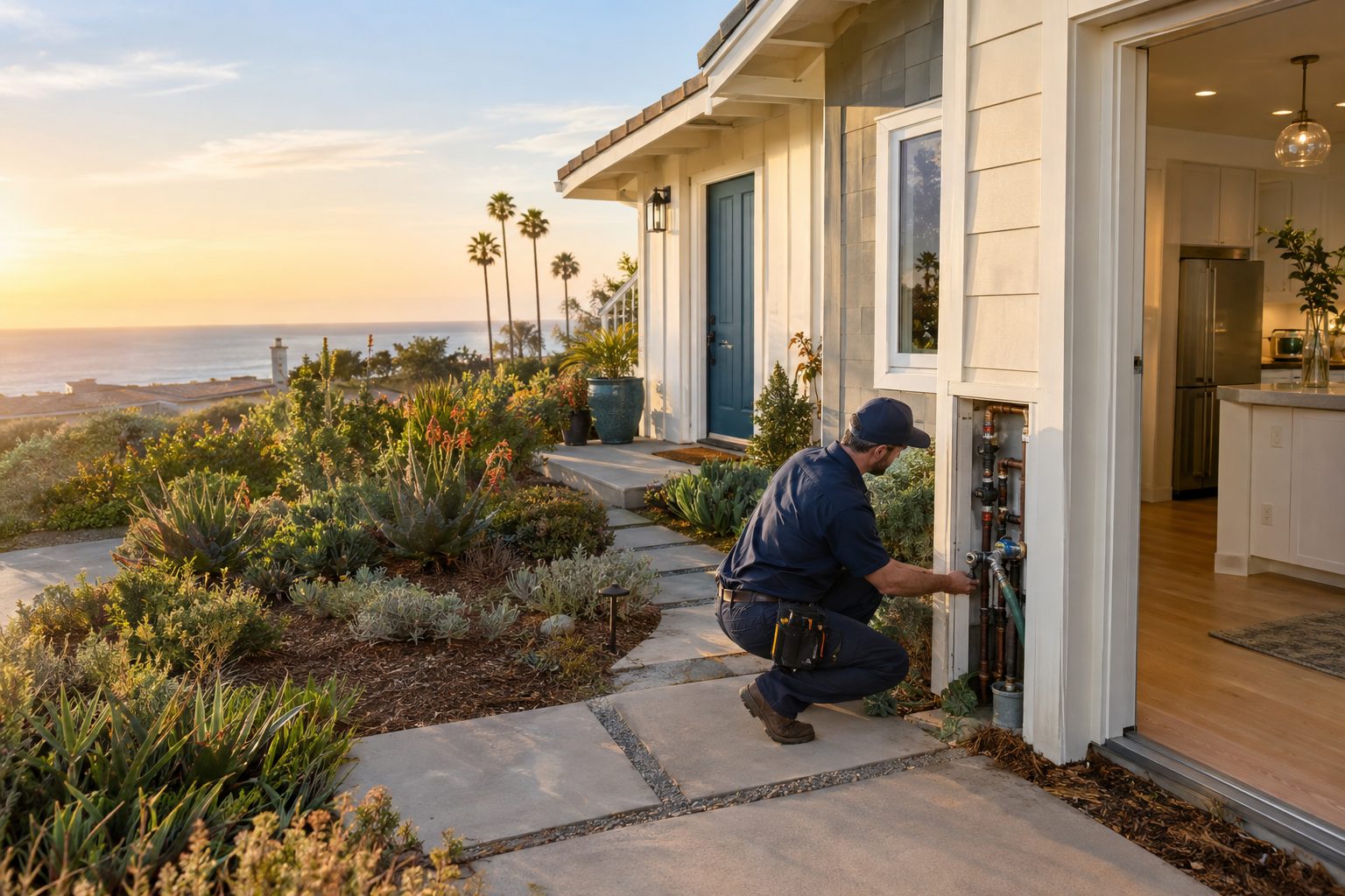 A plumber checks an exterior water connection beside a coastal cottage in Carlsbad, with the home's garden and entry visible in Carlsbad, CA
