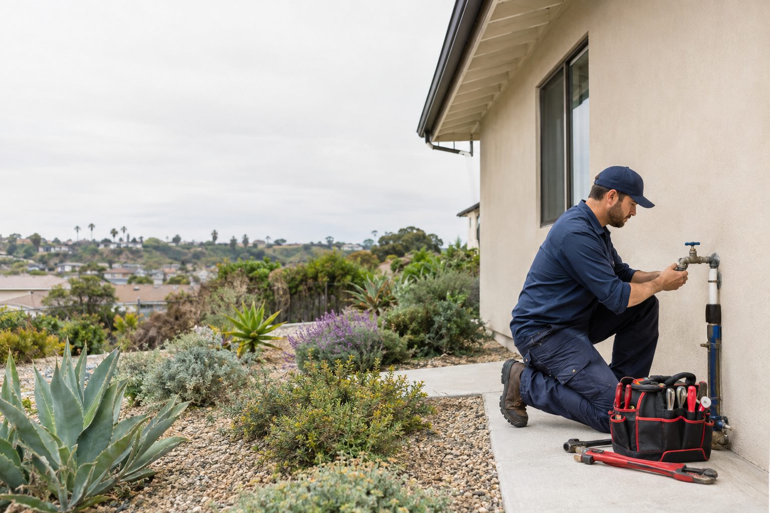A licensed plumber checks an outdoor hose bib at a detached New Encinitas home, with tools arranged neatly beside the exterior wall in New Encinitas, CA