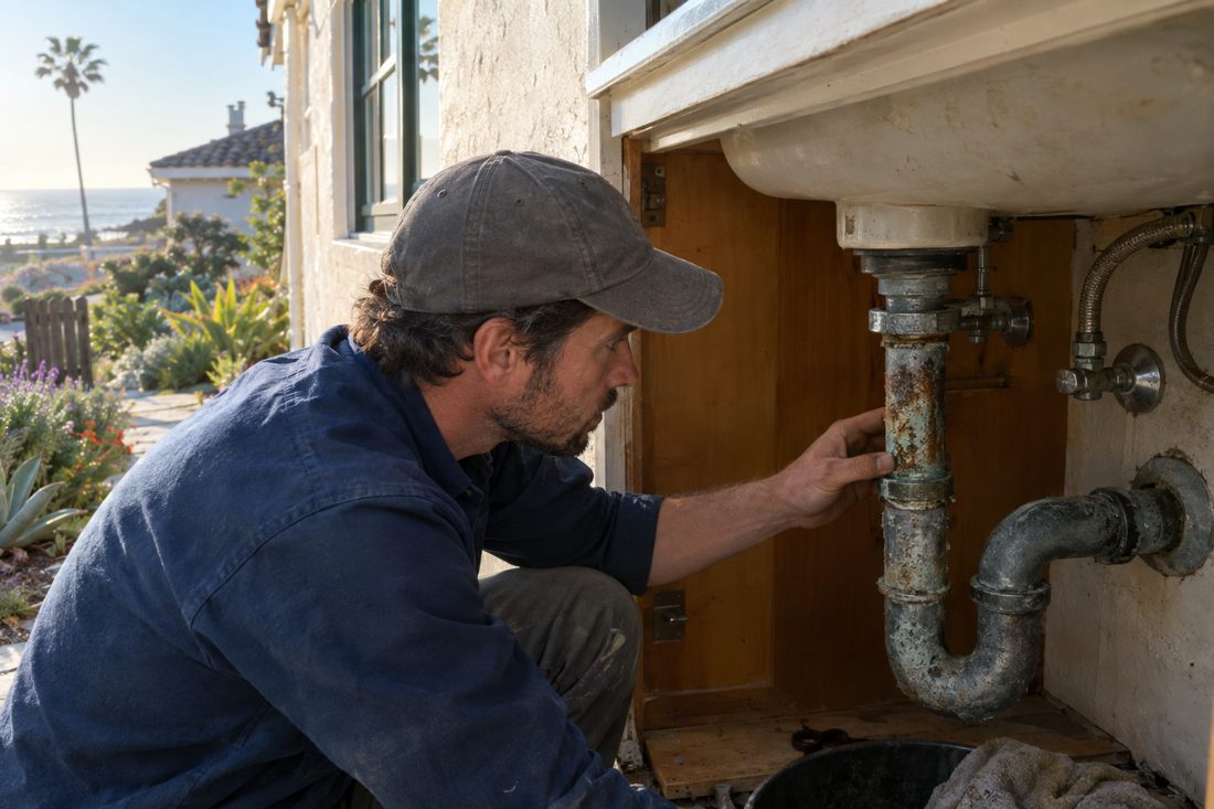 Close view of a plumber inspecting a corroded galvanized pipe beneath a cottage sink during an interior repair in Old Encinitas, CA